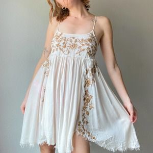 Free People White Floral Embroidered Flowy Smocked Trapeze Dress